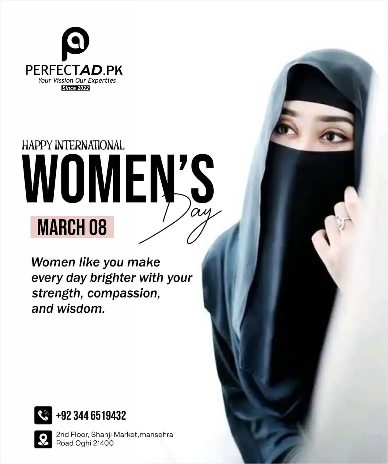 PerfectAd International Women's Day post for March 8: WOMEN'S set in condensed black capitals with Day in script, beside a woman in a black niqab and hijab, with the studio phone number at the bottom.