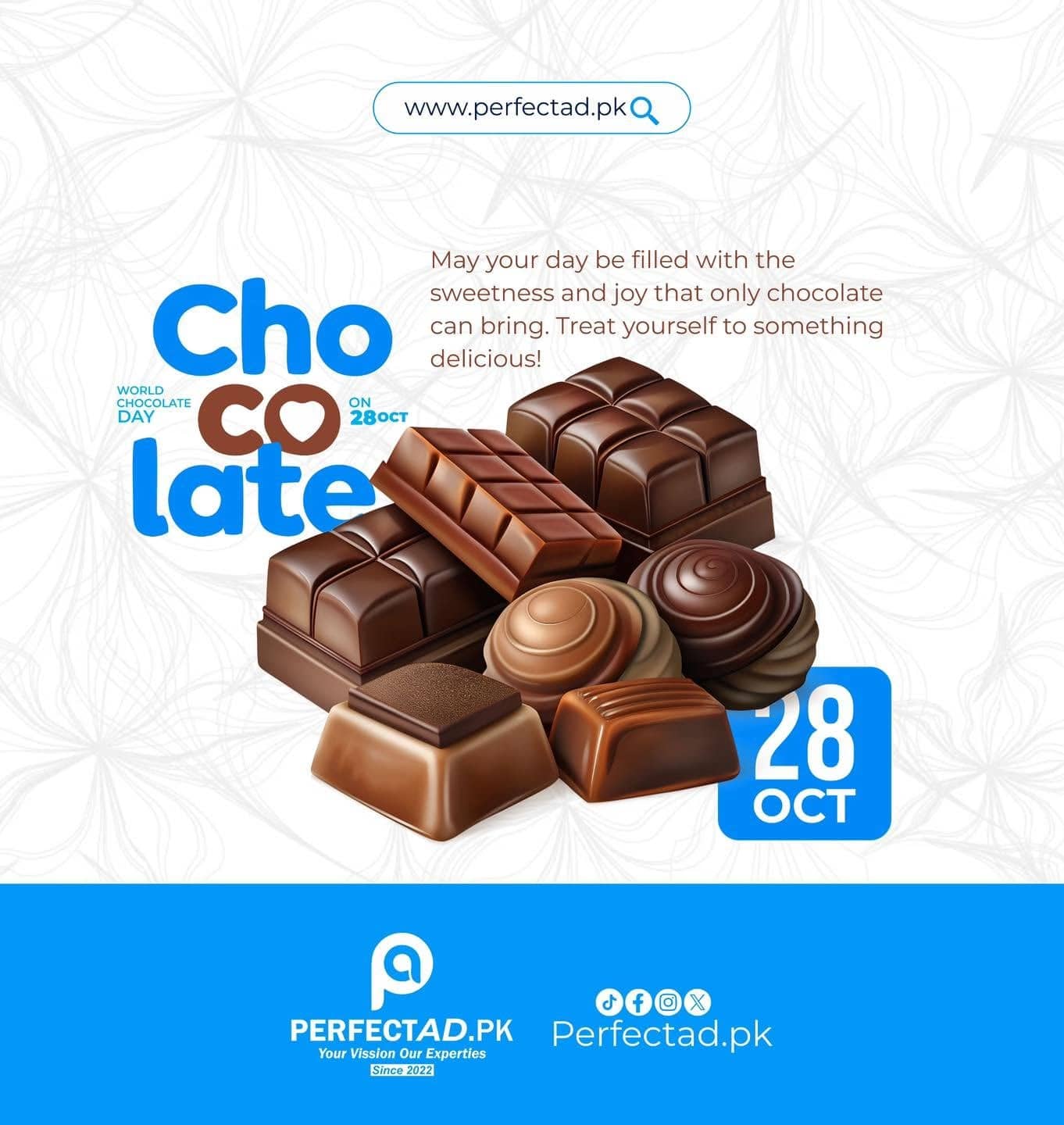 PerfectAd World Chocolate Day post: the word Chocolate split over three lines in blue, a pile of chocolate bars and truffles, and a blue 28 OCT date badge above the blue PerfectAd footer bar.