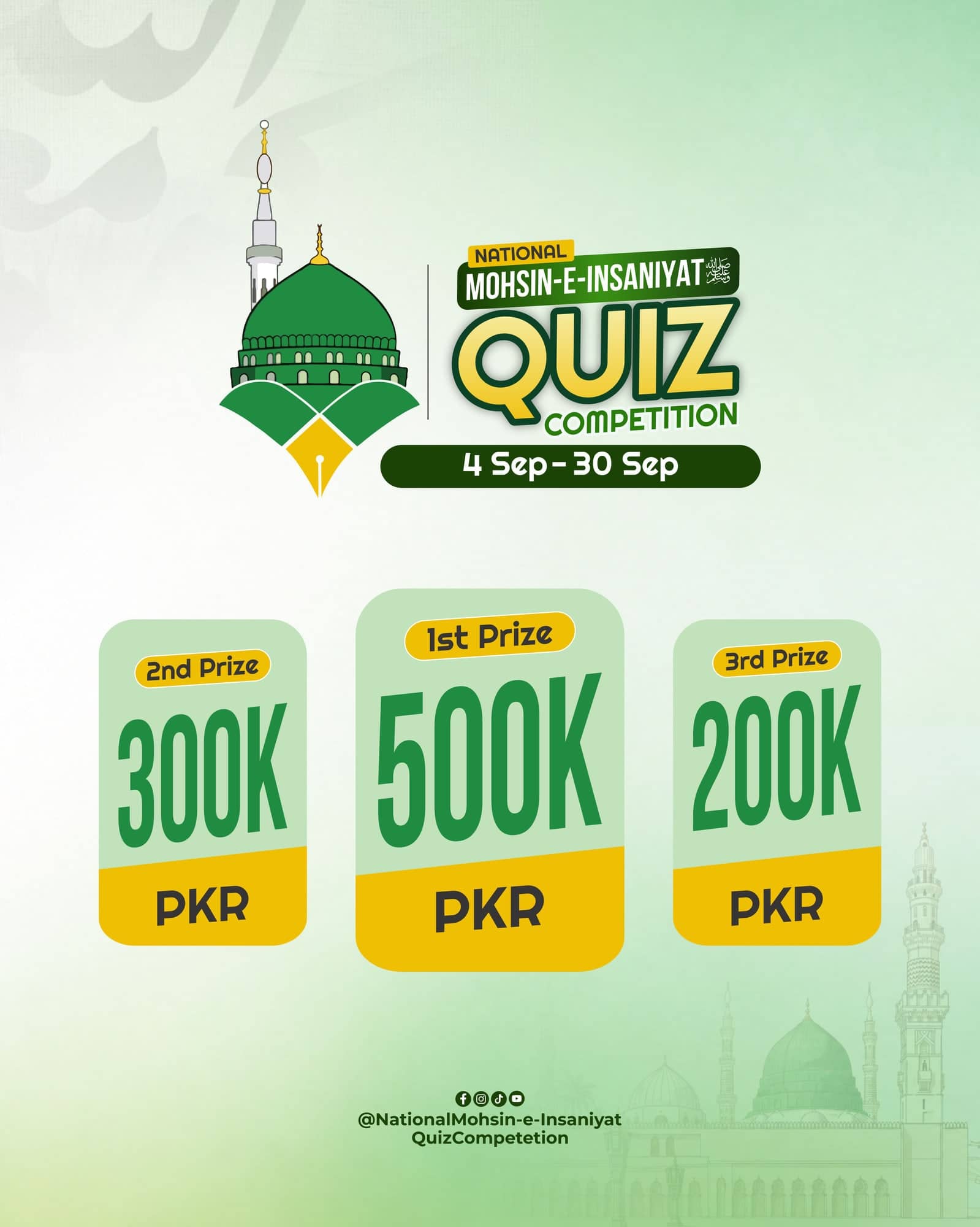 National Mohsin-e-Insaniyat Quiz prize post showing three stepped tiles reading 300K, 500K and 200K Pakistani rupees for second, first and third prize.