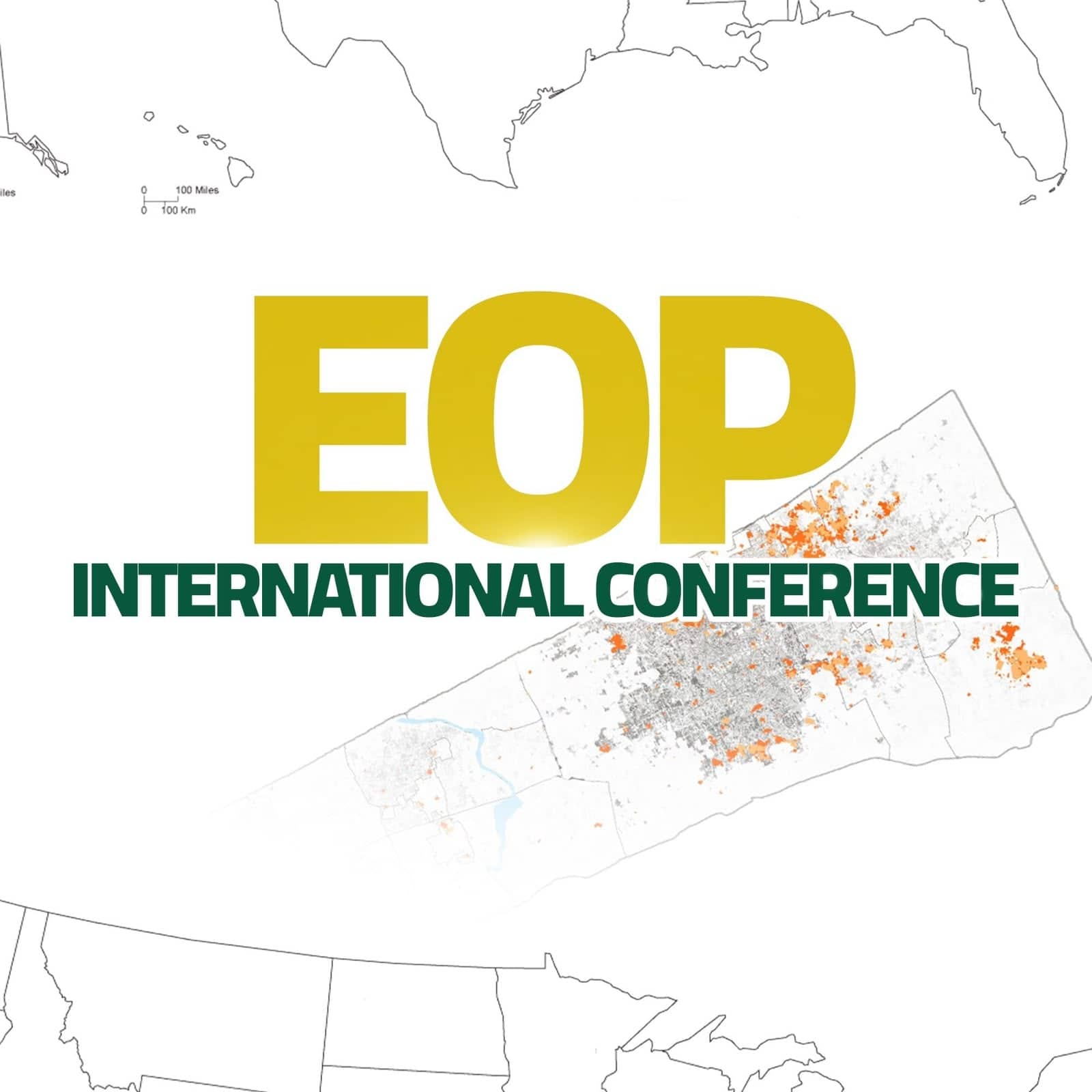 Echo of Palestine International Conference logotype in heavy gold capitals set over a pale outline map.