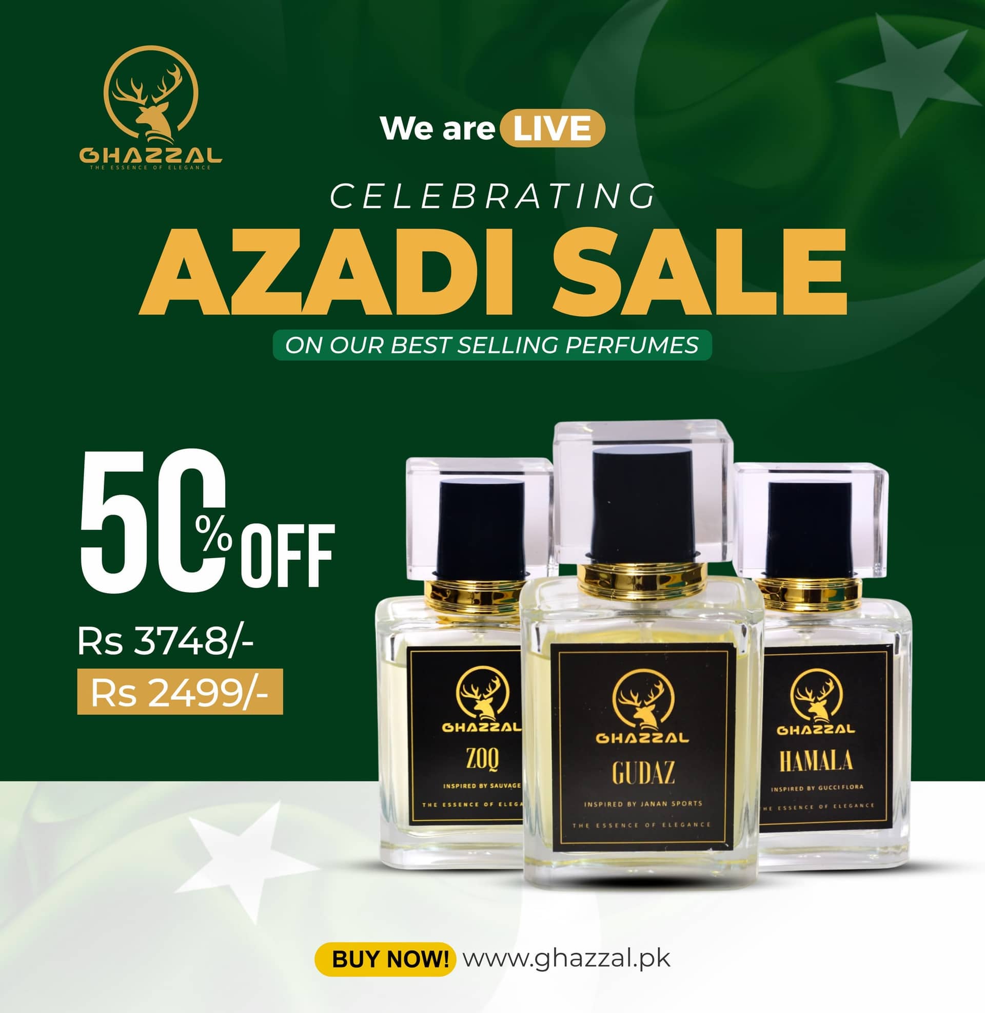 Ghazzal Azadi Sale post in Pakistan-flag green and white showing three perfumes at 50% off with stars behind them.