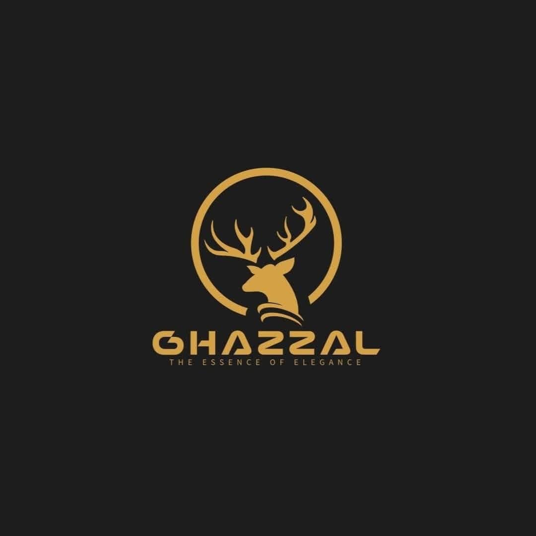 The Ghazzal identity mark: a gold deer head inside a broken circle above the wordmark and the line The Essence of Elegance.