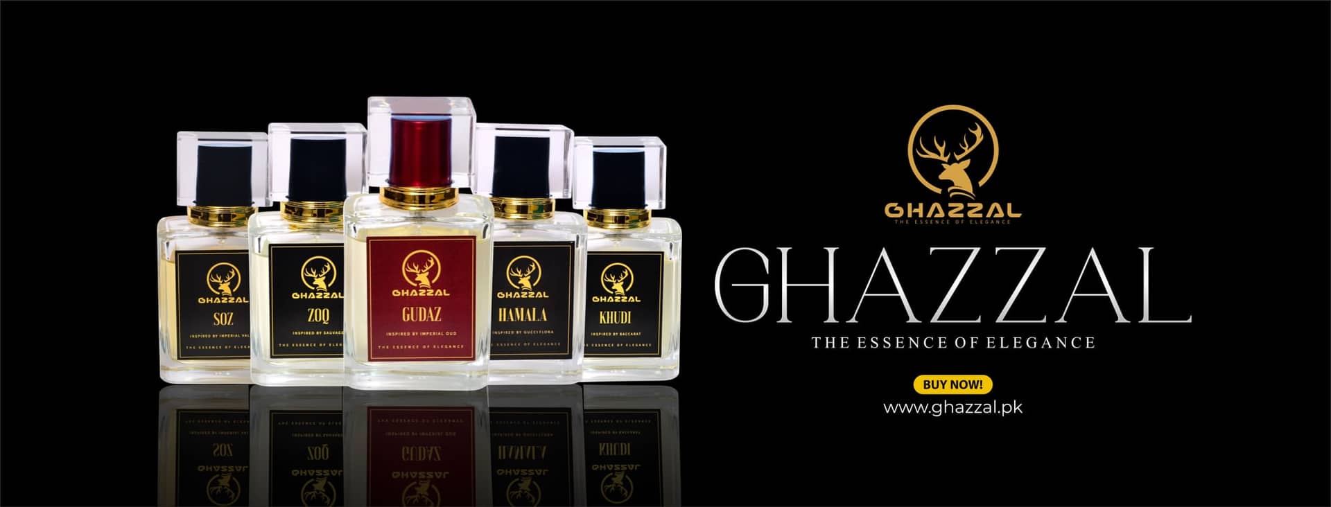 Ghazzal website cover: five perfume bottles reflected on black beside the gold deer mark and wordmark