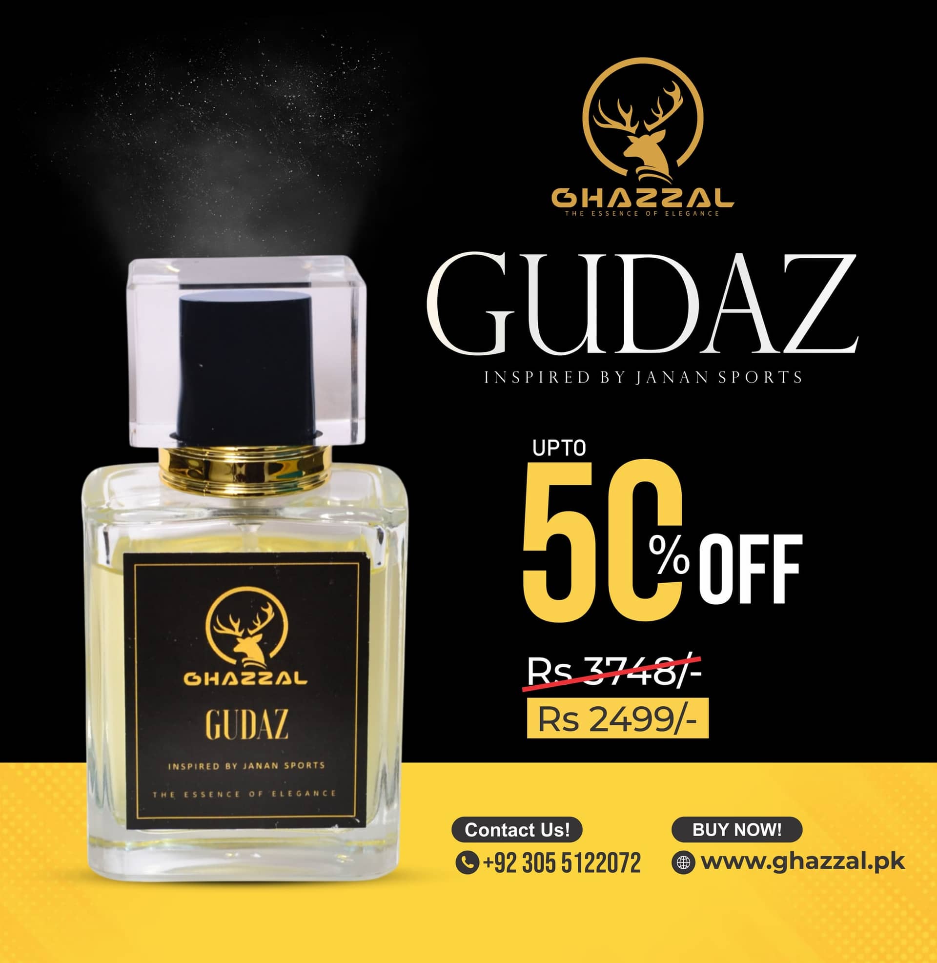Ghazzal GUDAZ sale post on black and yellow showing up to 50% off with the old price struck through.