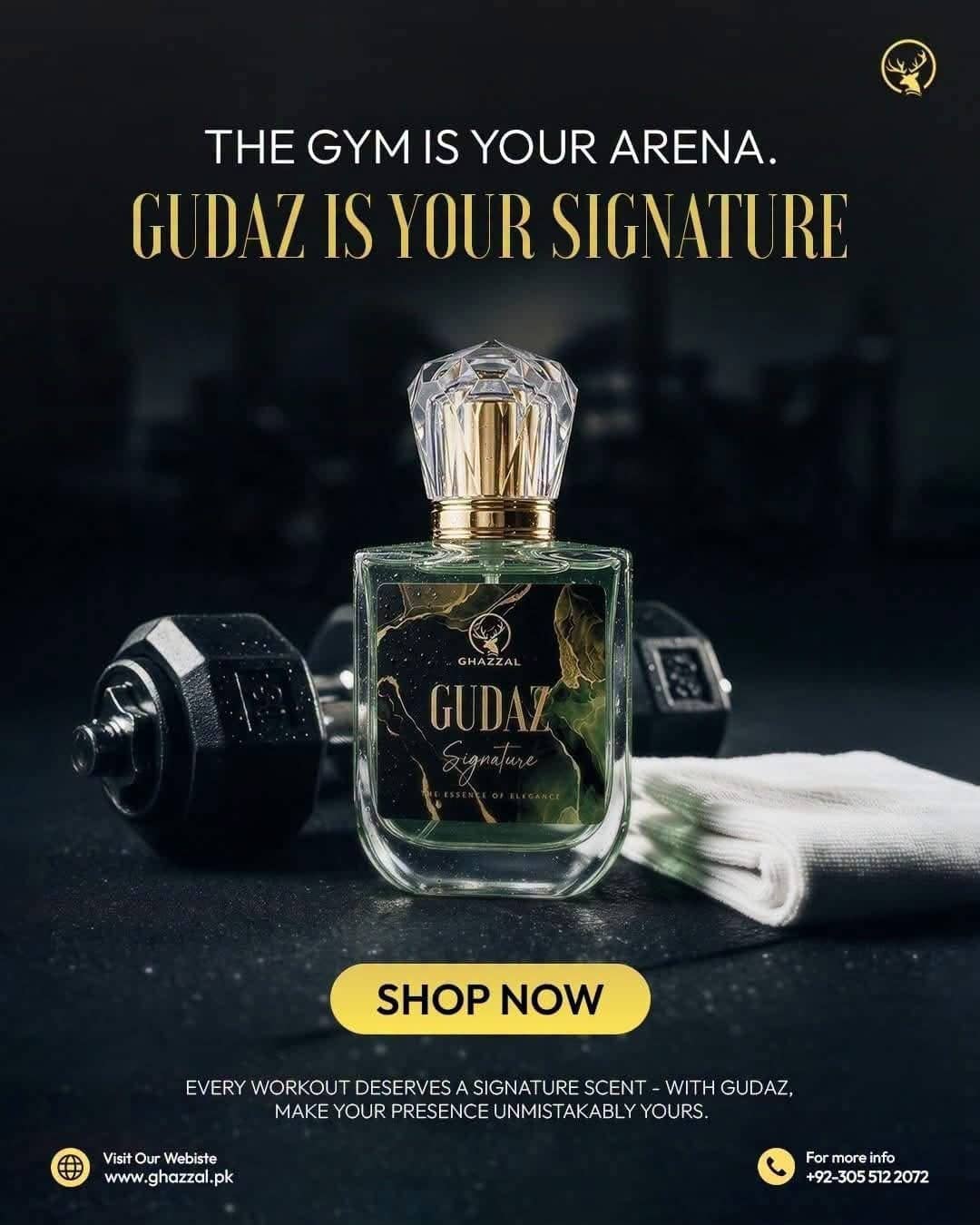 Ghazzal GUDAZ perfume beside a dumbbell and gym towel under the headline The gym is your arena, Gudaz is your signature.