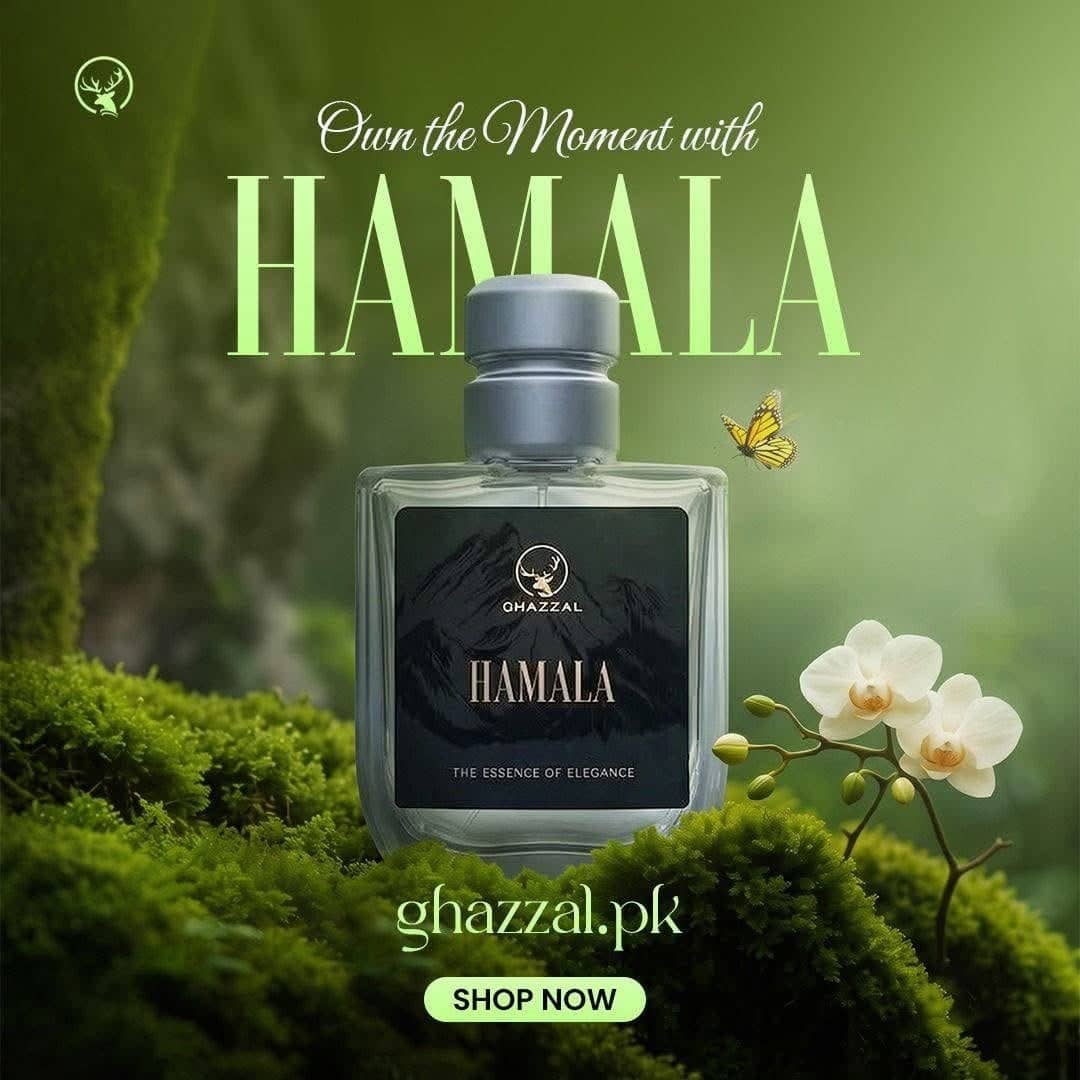Ghazzal HAMALA perfume standing on moss among white orchids, under the headline Own the Moment with HAMALA.