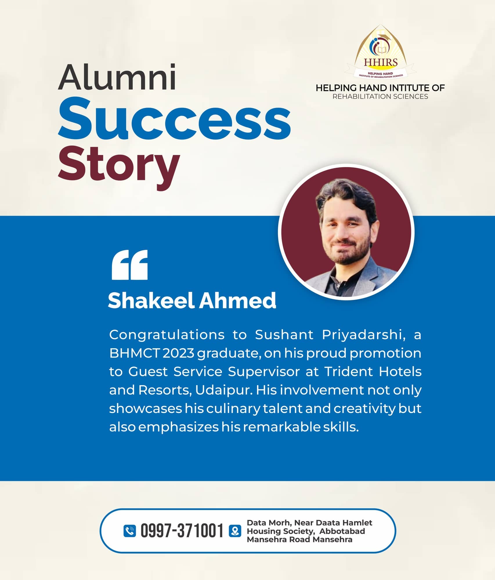 Helping Hand Institute alumni success story post with a circular graduate portrait on blue, a pull quote and a congratulatory paragraph.