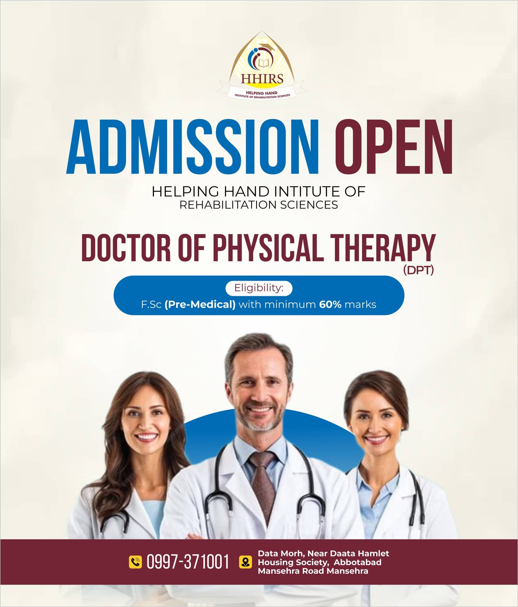 Helping Hand Institute admissions post for the Doctor of Physical Therapy programme, showing three clinicians and the eligibility requirement beneath the headline Admission Open.