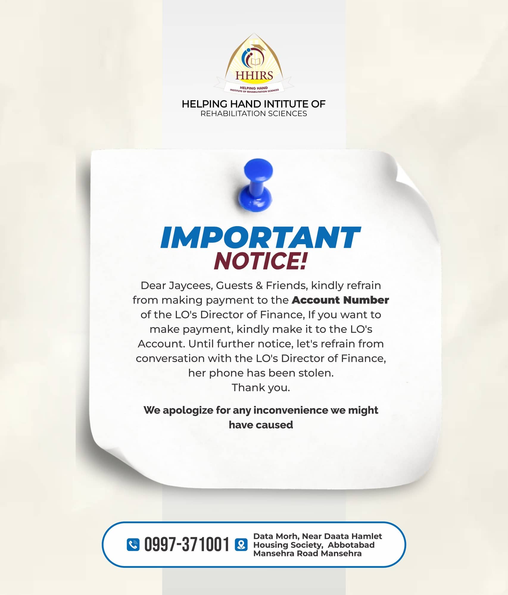 Helping Hand Institute notice post designed as a pinned paper note, warning students not to make payments to a compromised account number.