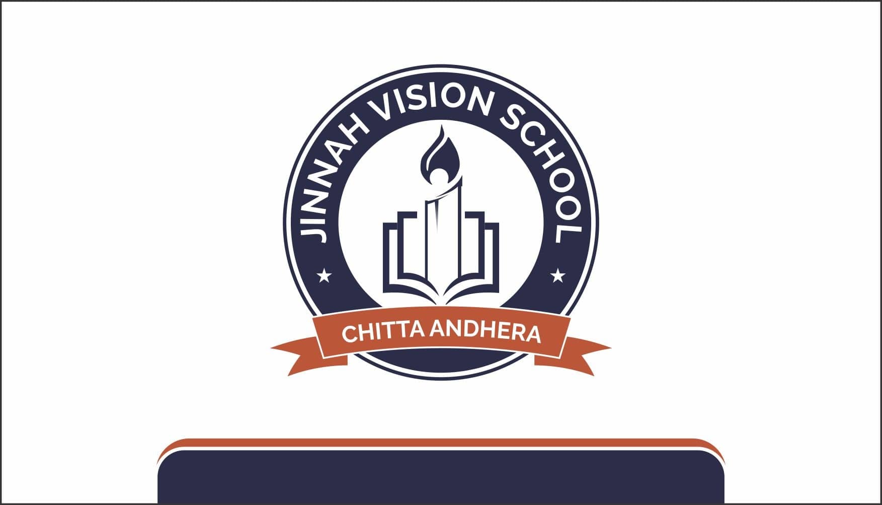 Jinnah Vision School business card back, carrying the seal alone on white above a terracotta and navy footer band.