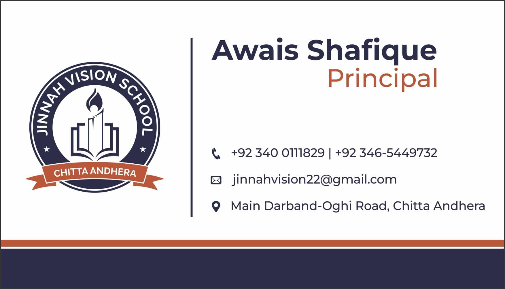 Jinnah Vision School business card front, with the seal on the left and the principal's name, role and contact details on the right.