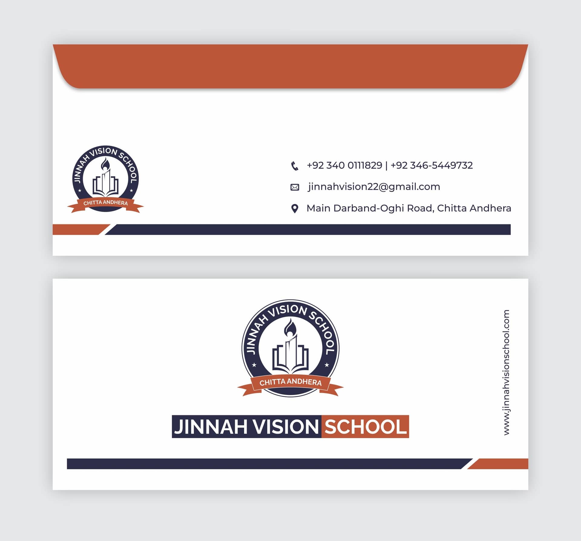 Jinnah Vision School envelope designs showing the seal, address block and a terracotta and navy band along the flap.