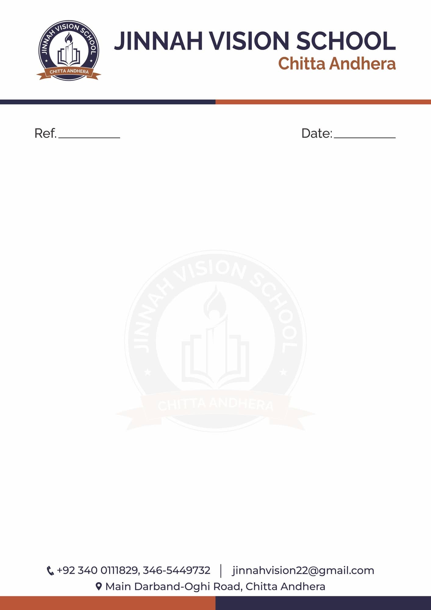 Jinnah Vision School letterhead with the seal and name across the top, a watermark of the seal behind the body area, and contact details in the footer.