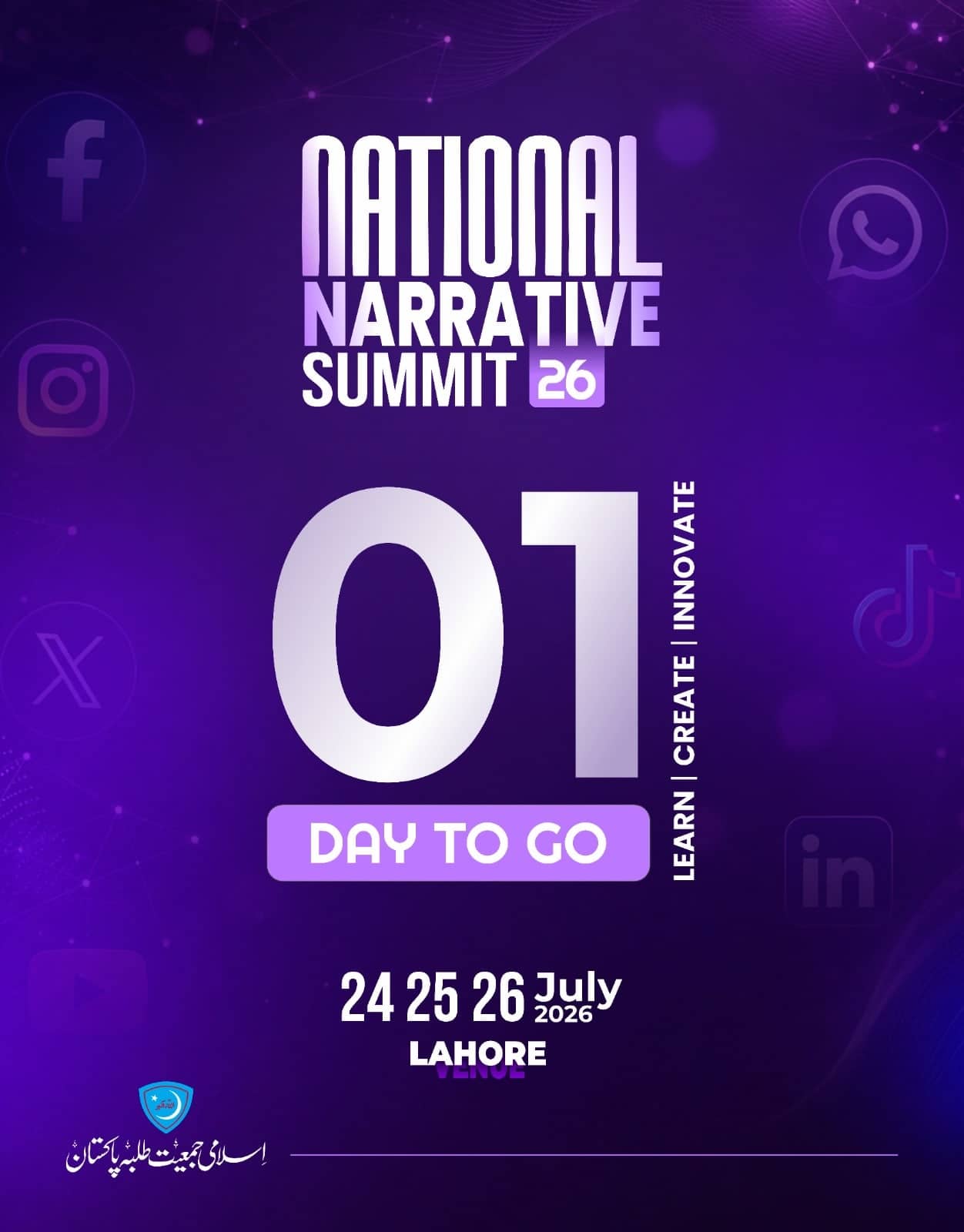 National Narrative Summit 26 countdown post with a huge metallic numeral 01 and the words One Day To Go beside the vertical line Learn, Create, Innovate.