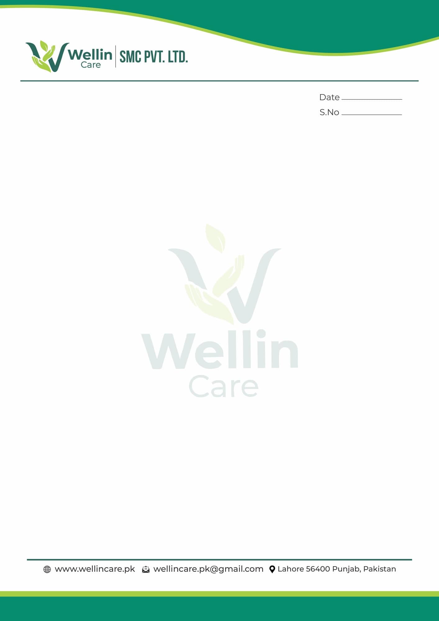 Wellin Care letterhead with the logo and company name top left, a green wave across the head, a tinted watermark of the mark behind the body, and the Lahore address in the footer.