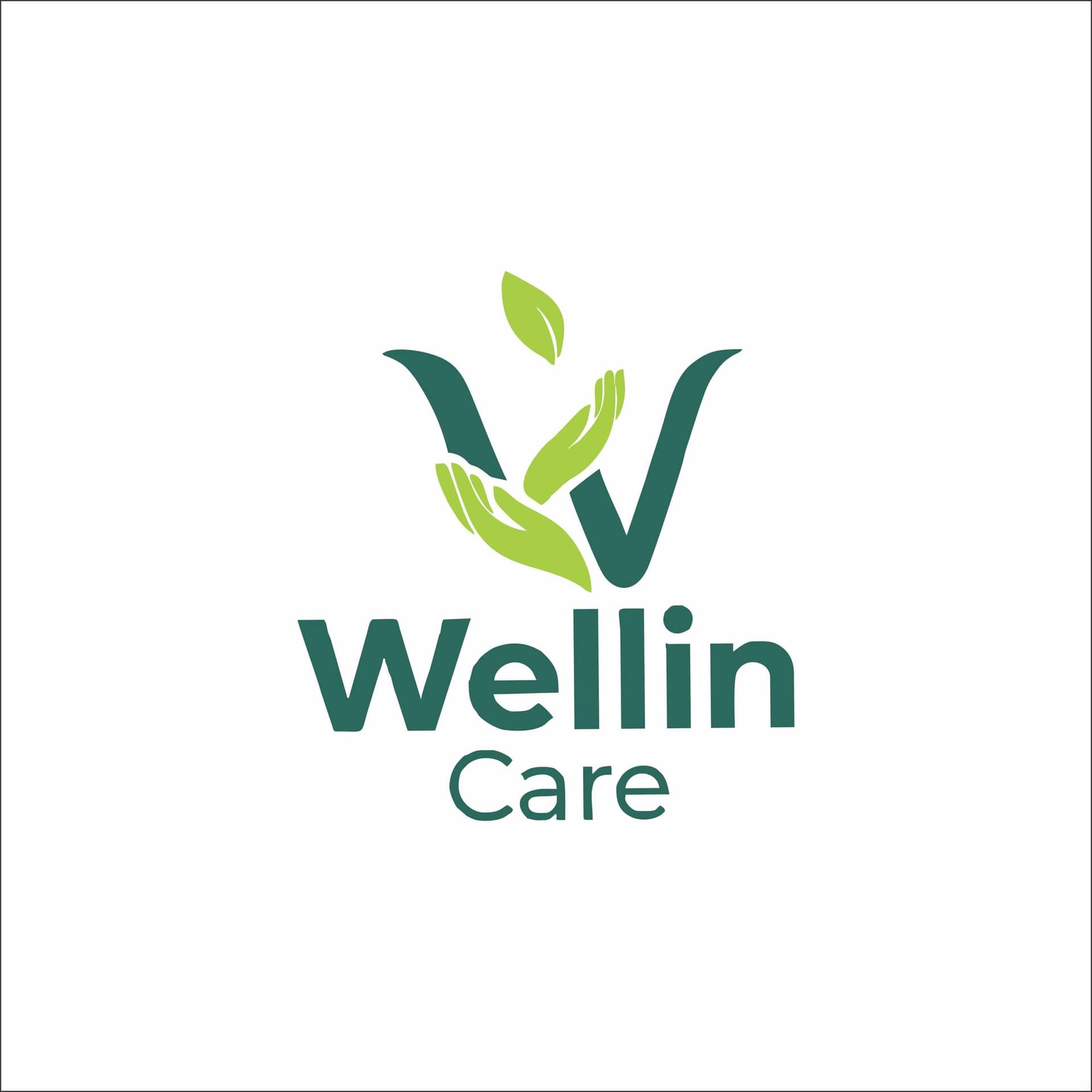 Wellin Care logo: a dark green W drawn as a cupped hand with two lime leaves growing from it, above the name set in two weights.
