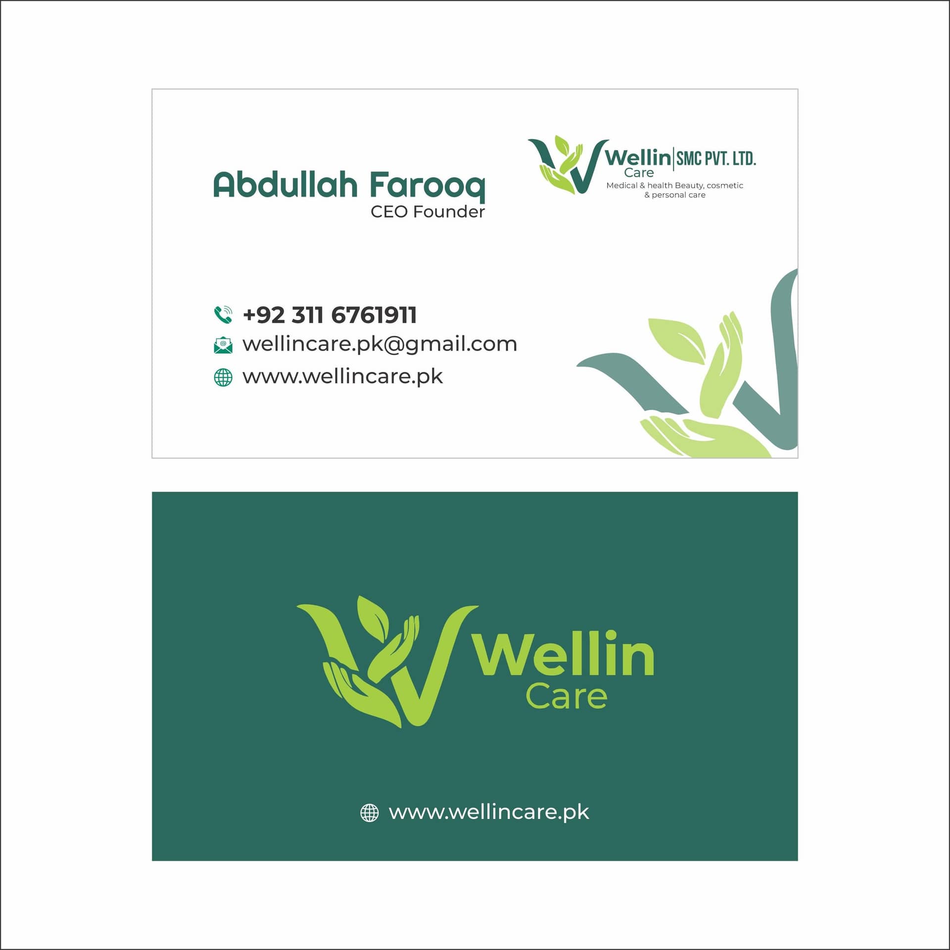 Wellin Care visiting card, front and back: the front carries the founder's name and contact details beside the logo, the back is solid green with the logo and web address reversed out.