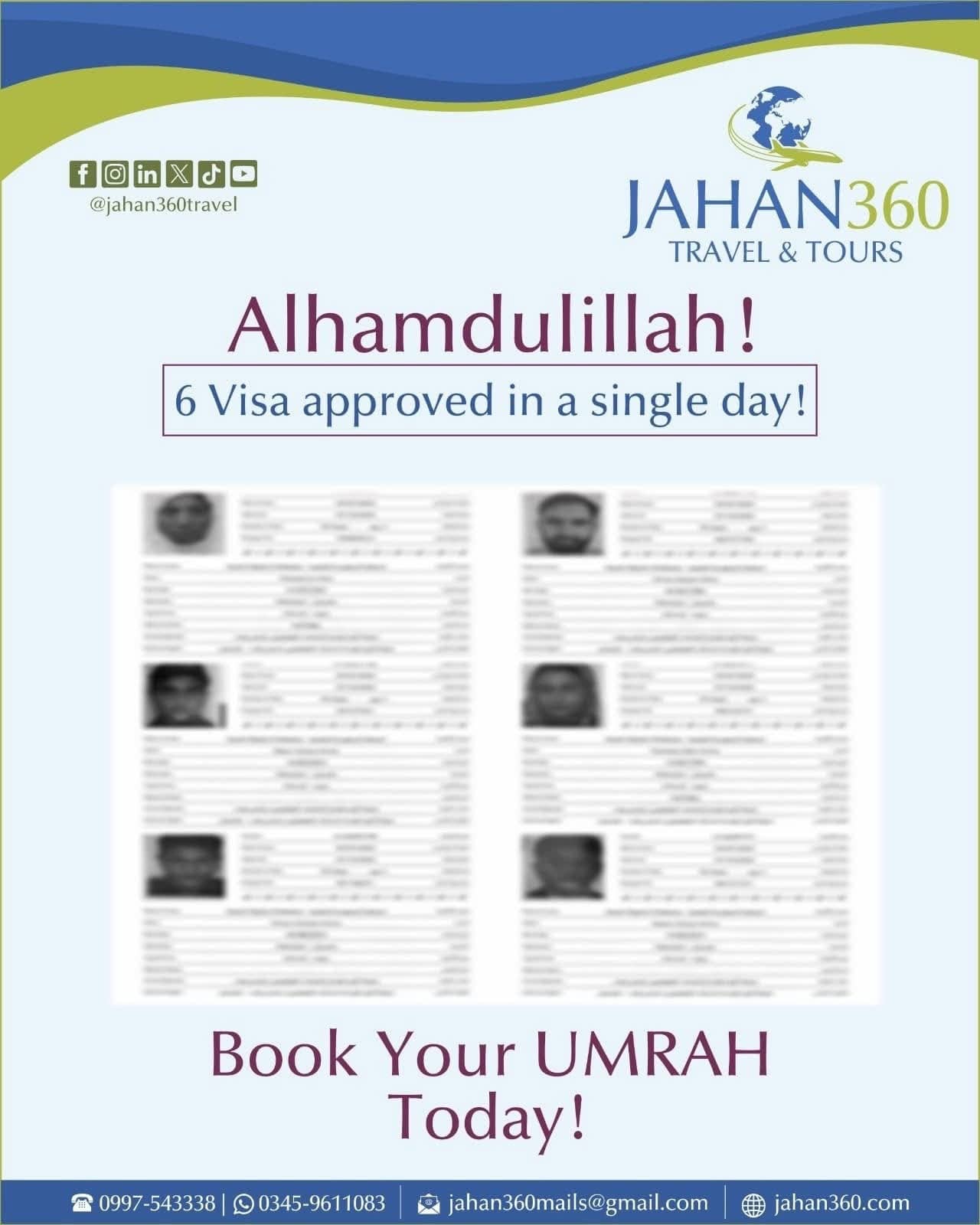 Jahan360 Umrah packages post laid out as a departure and arrival table with the Saudia logo, hotel nights, a four-row price table, terms and a Book Now button.