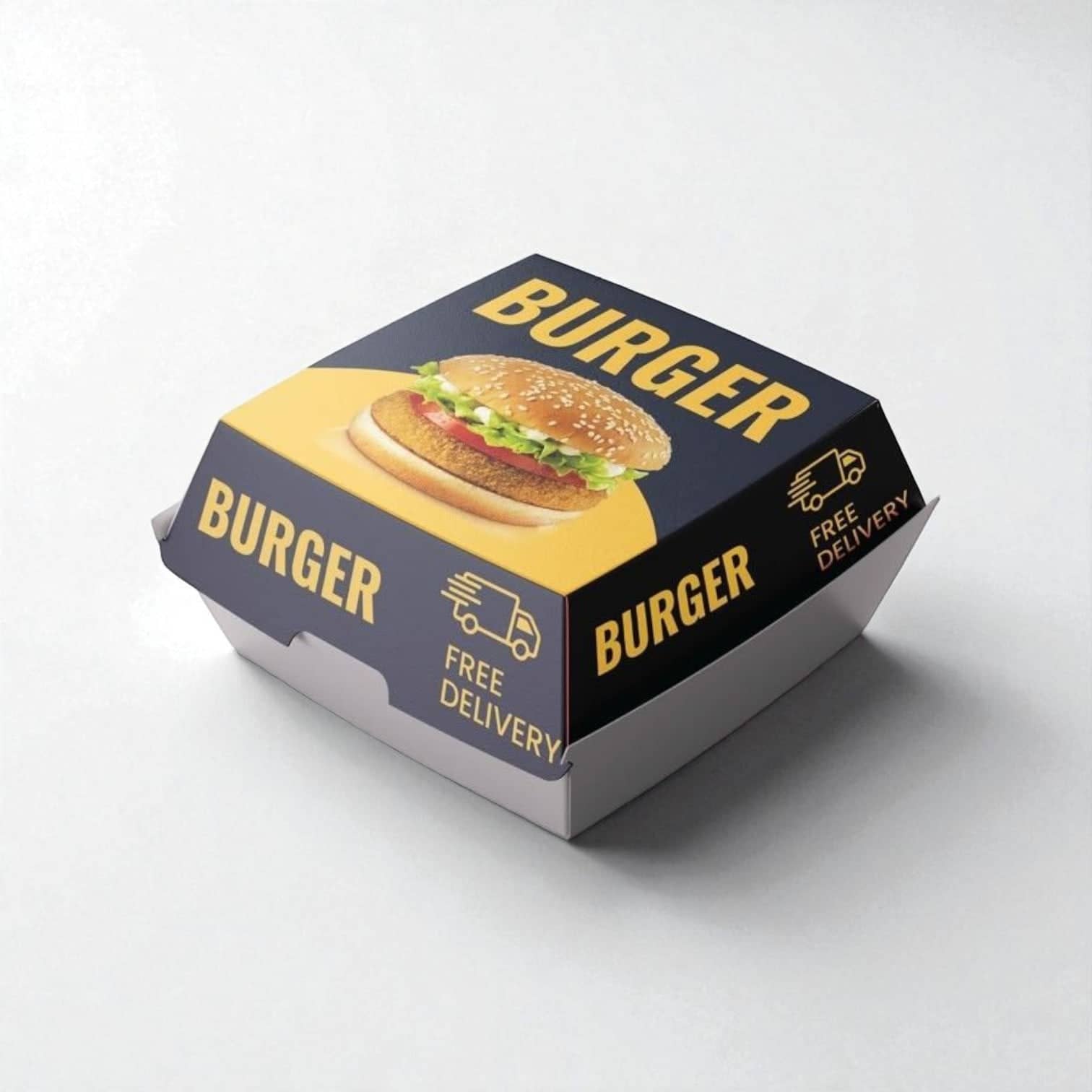 PackSmart navy and yellow clamshell burger box printed with a burger photograph and the word Burger.