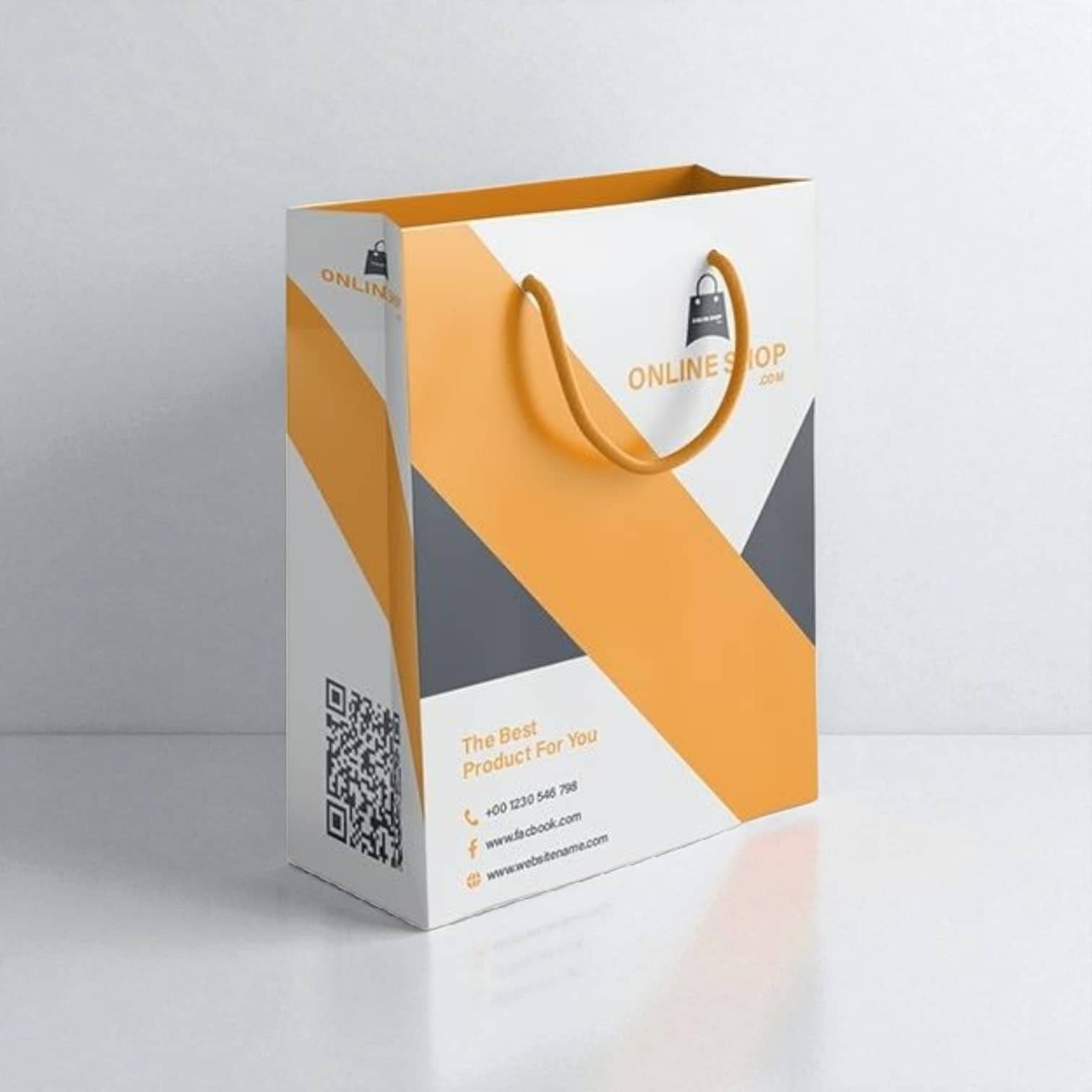 PackSmart white shopping bag with orange and grey diagonal panels, orange rope handles and a QR code on the gusset.