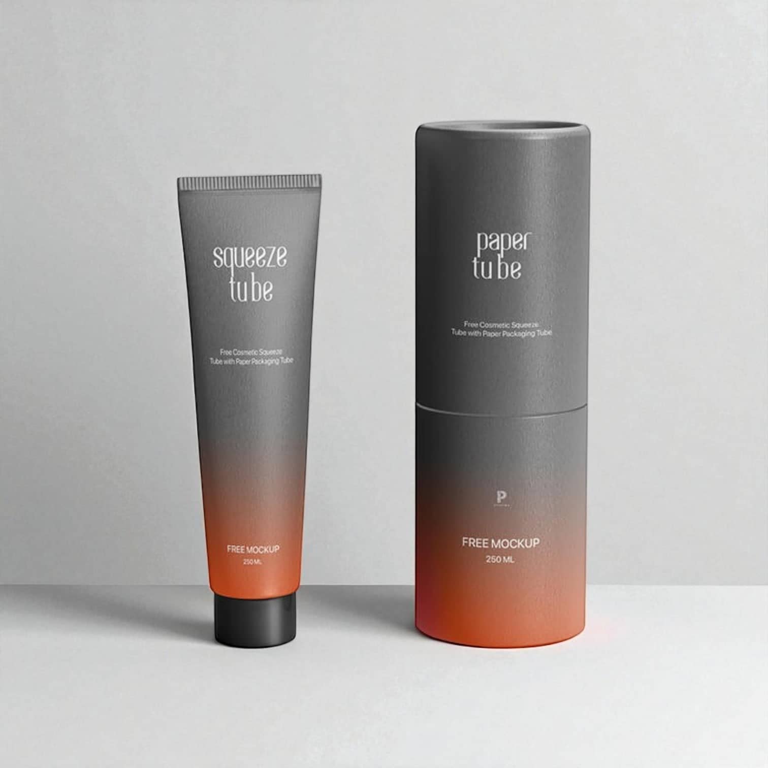 PackSmart cosmetic squeeze tube and matching cylindrical paper tube in dark grey fading to orange.