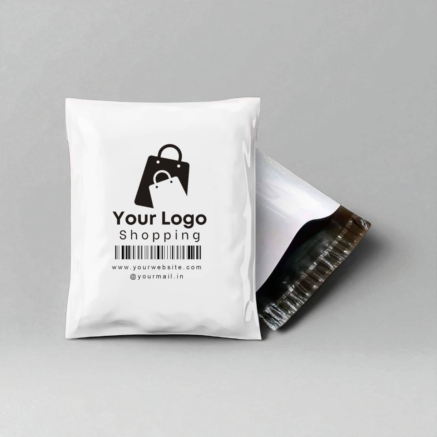 PackSmart white plastic courier flyer printed with a shopping-bag logo placeholder and a barcode.