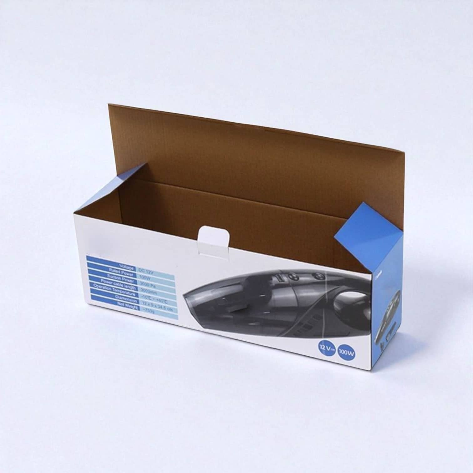 PackSmart white printed carton for a handheld vacuum cleaner, open at the top.