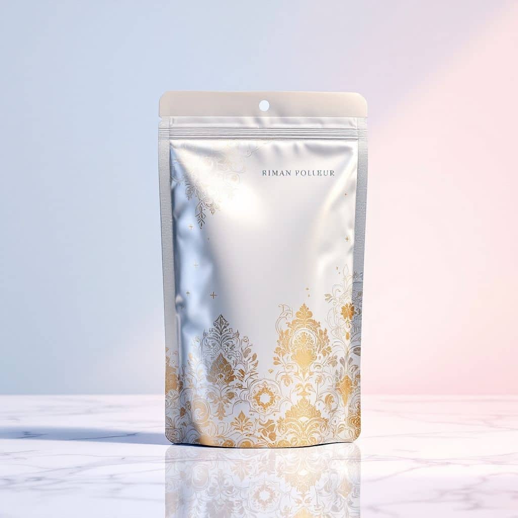 PackSmart silver gravure-printed stand-up pouch with a gold ornamental pattern.