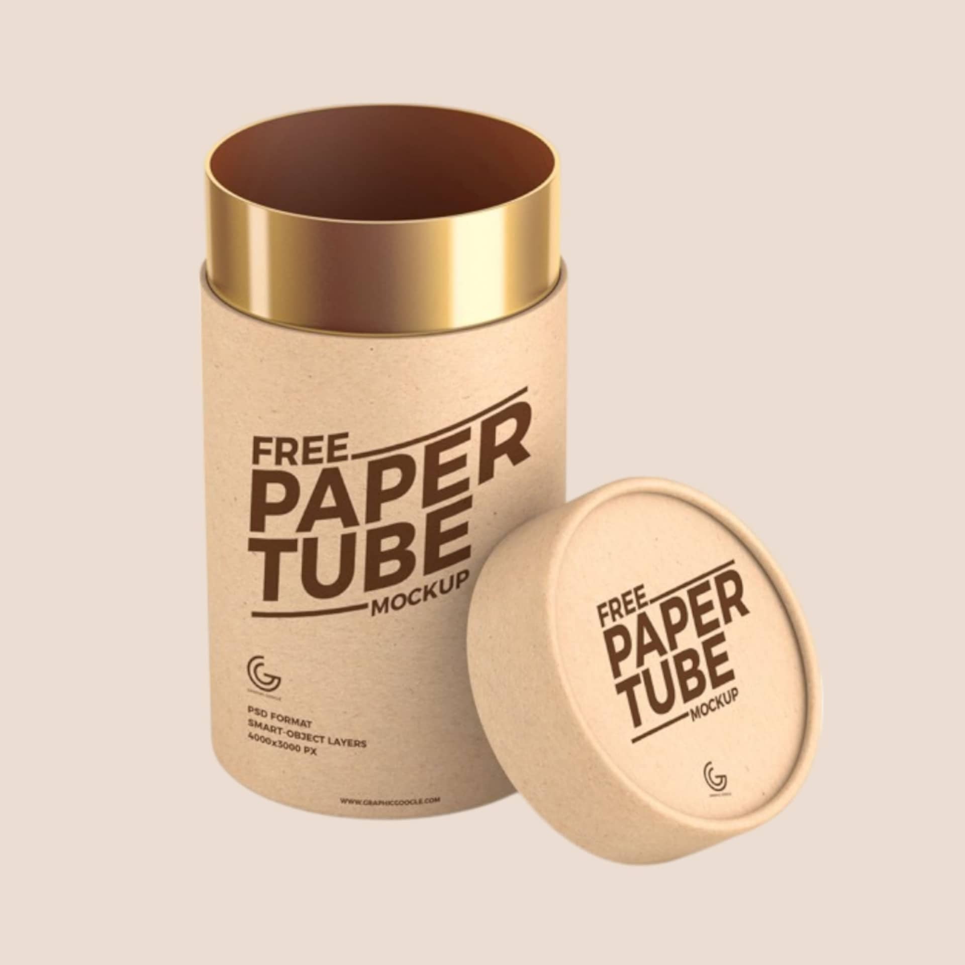 PackSmart kraft paper tube with a gold metallic rim and its lid set beside it.