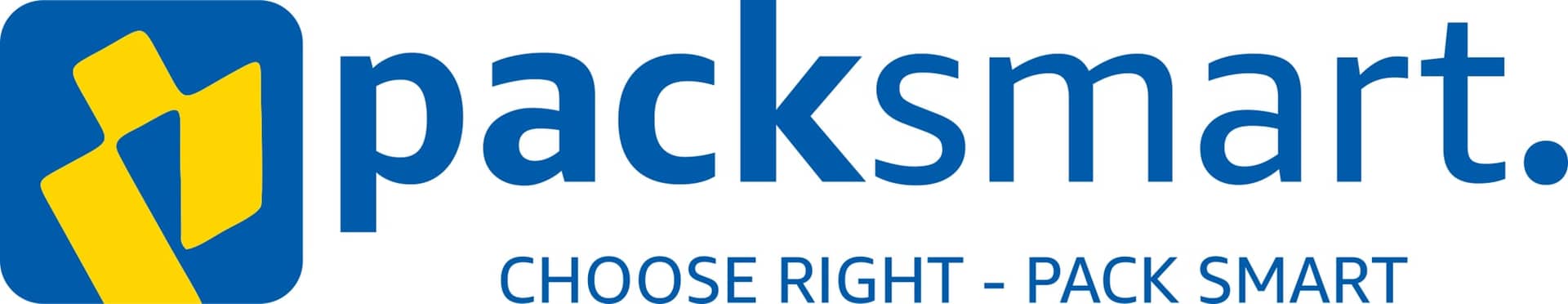 Horizontal PackSmart lockup: the blue and yellow box mark to the left of the blue packsmart wordmark, with Choose Right – Pack Smart set underneath.