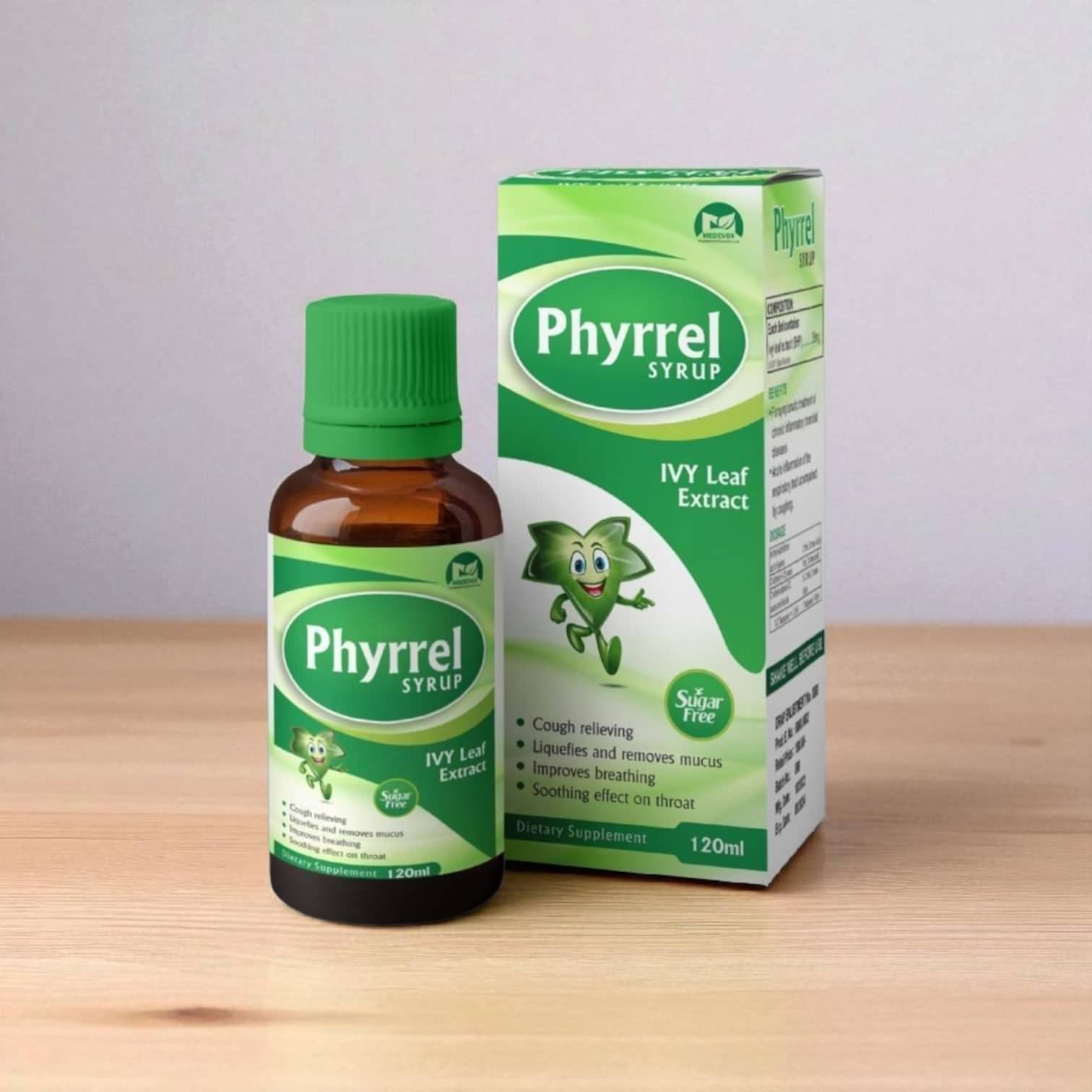 PackSmart green and white folding carton for a herbal syrup beside the amber syrup bottle.