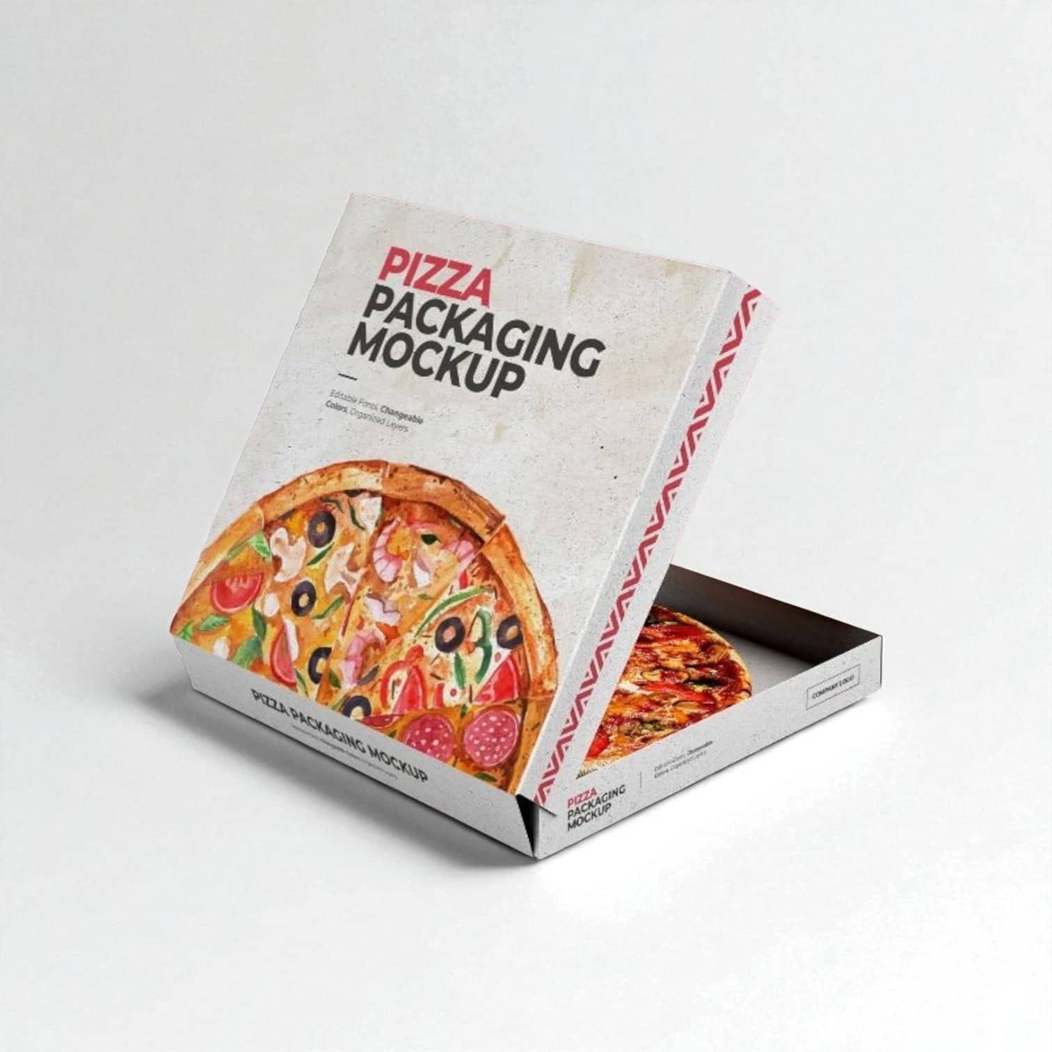 PackSmart white printed pizza box, lid open, with a pizza photograph on the inside of the lid.
