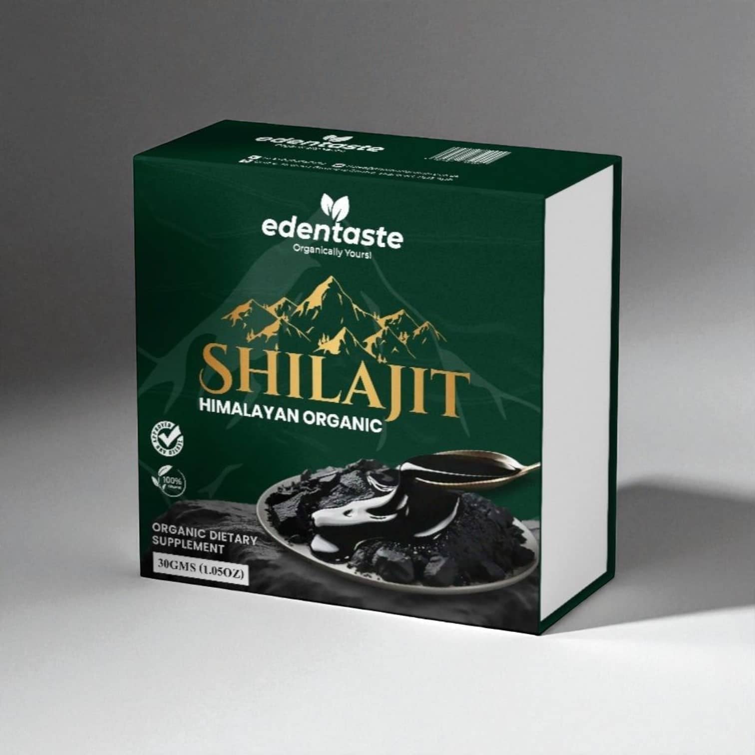 PackSmart dark green rigid box for Himalayan organic Shilajit with gold mountain artwork and a photograph of the resin on the front.
