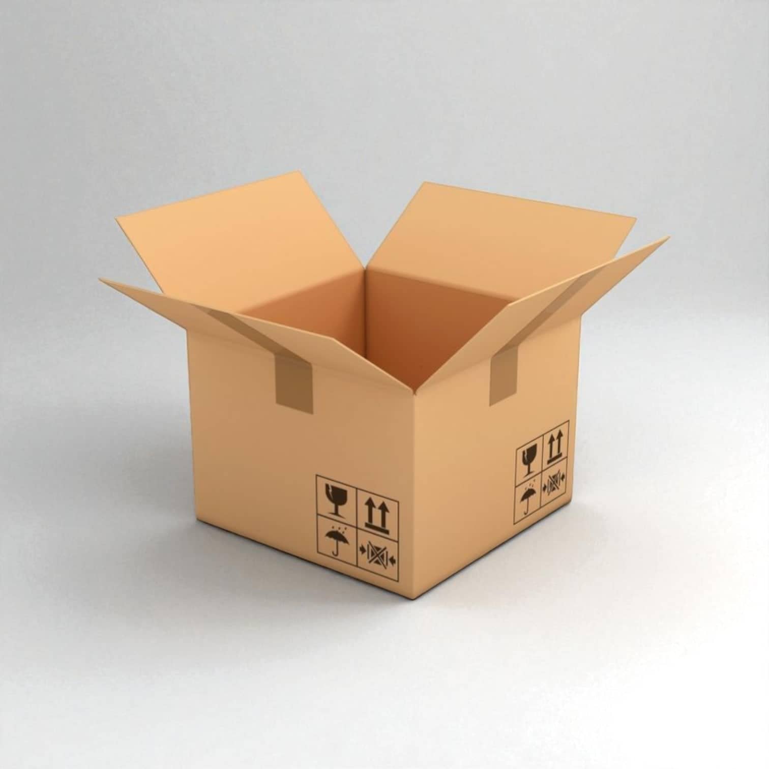 PackSmart open brown corrugated shipping carton with handling icons printed on the side.