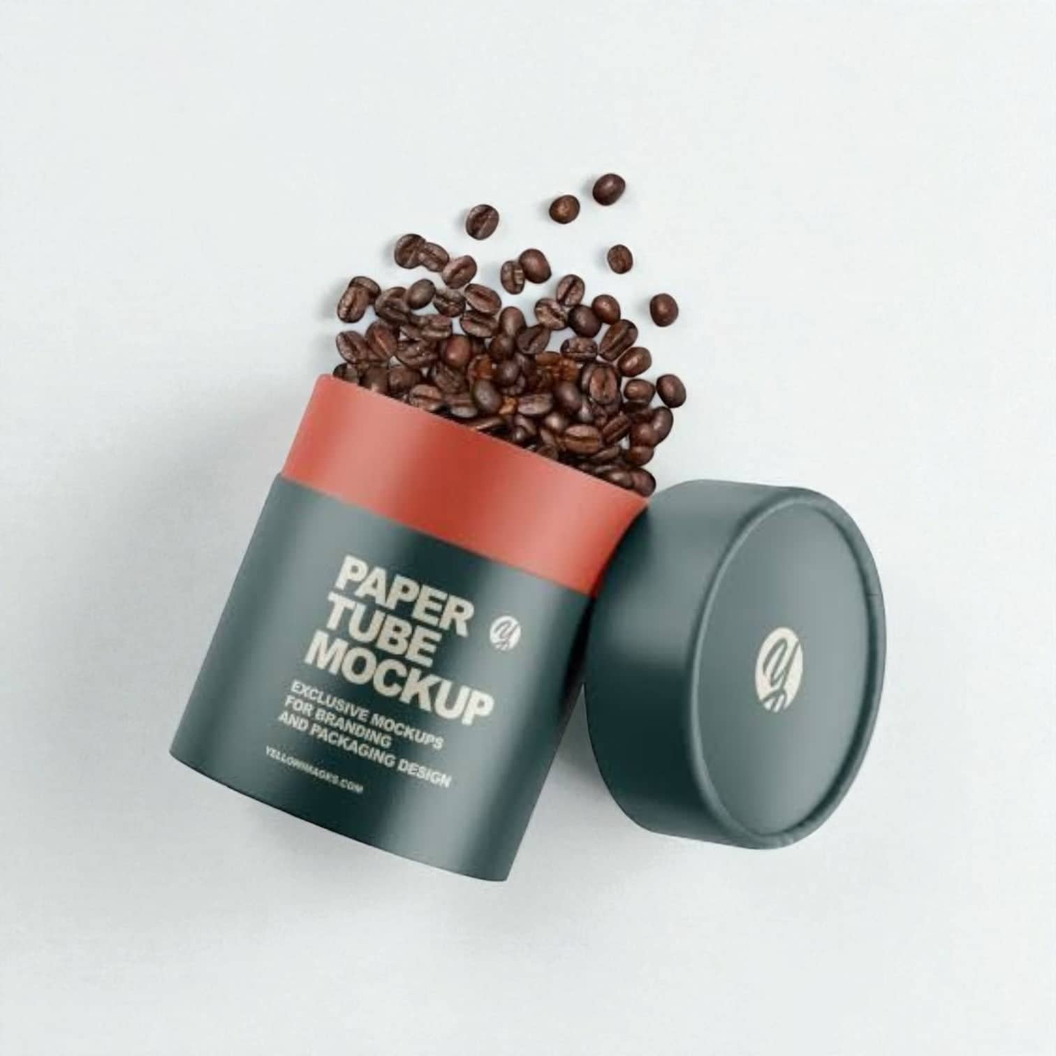 PackSmart dark teal paper tube with a coral band and its lid, with coffee beans spilling over the top.