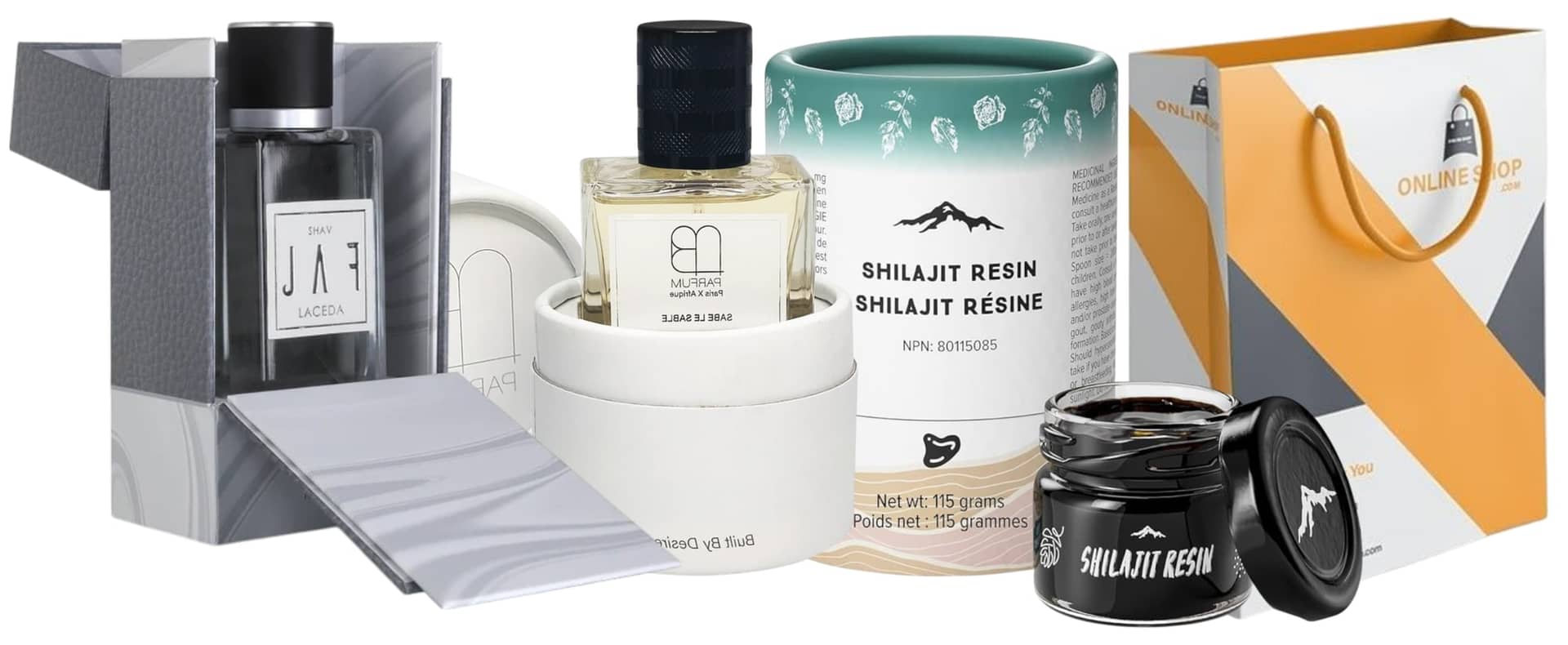 PackSmart website hero banner showing a line-up of packaging: a grey rigid perfume box, a white perfume tube, a teal Shilajit resin tube with its jar, and an orange and white shopping bag.