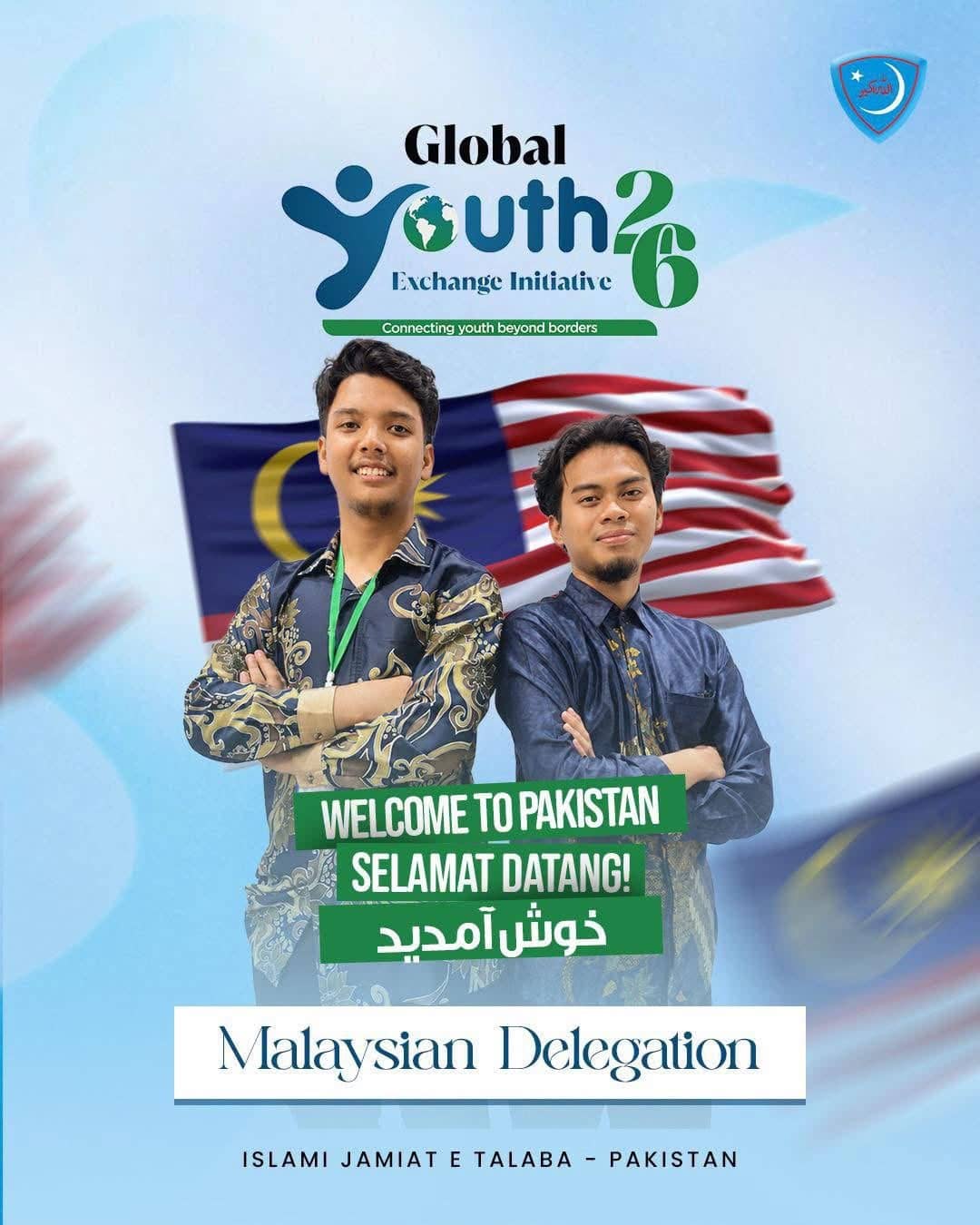 Second Global Youth Exchange welcome card for the Malaysian delegation, the same two delegates on a lighter blue ground with the trilingual welcome banner.