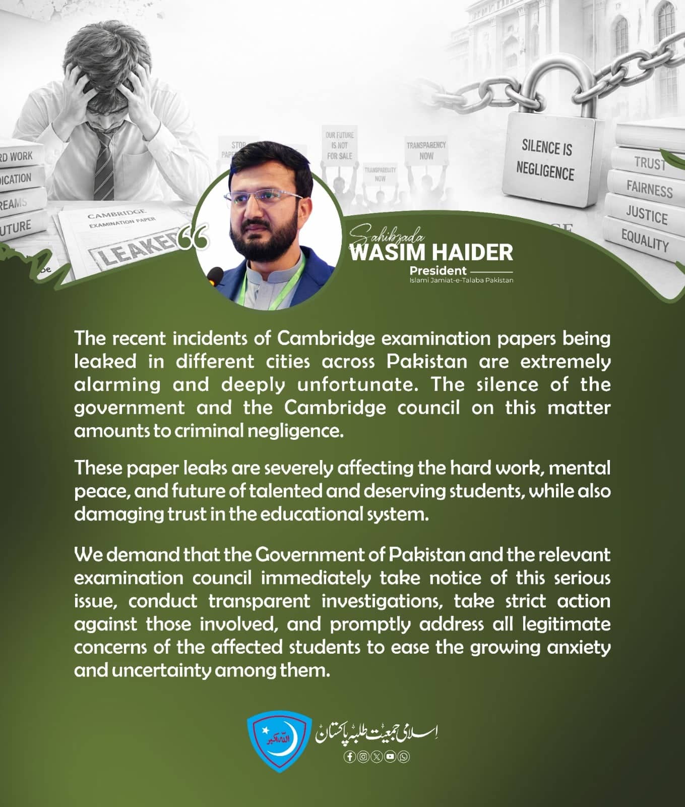 Islami Jamiat-e-Talaba statement post about leaked examination papers, set over a desaturated photograph of a student holding their head in their hands.