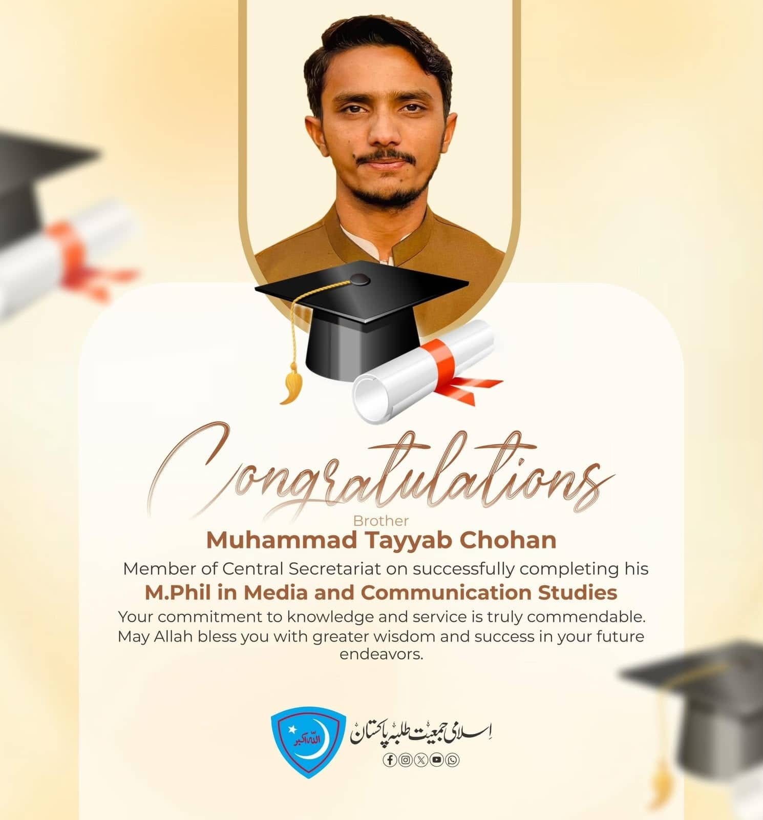 Islami Jamiat-e-Talaba congratulations post for a member completing an MPhil in media and communication studies, with his photograph in graduation dress and a red mortarboard illustration.