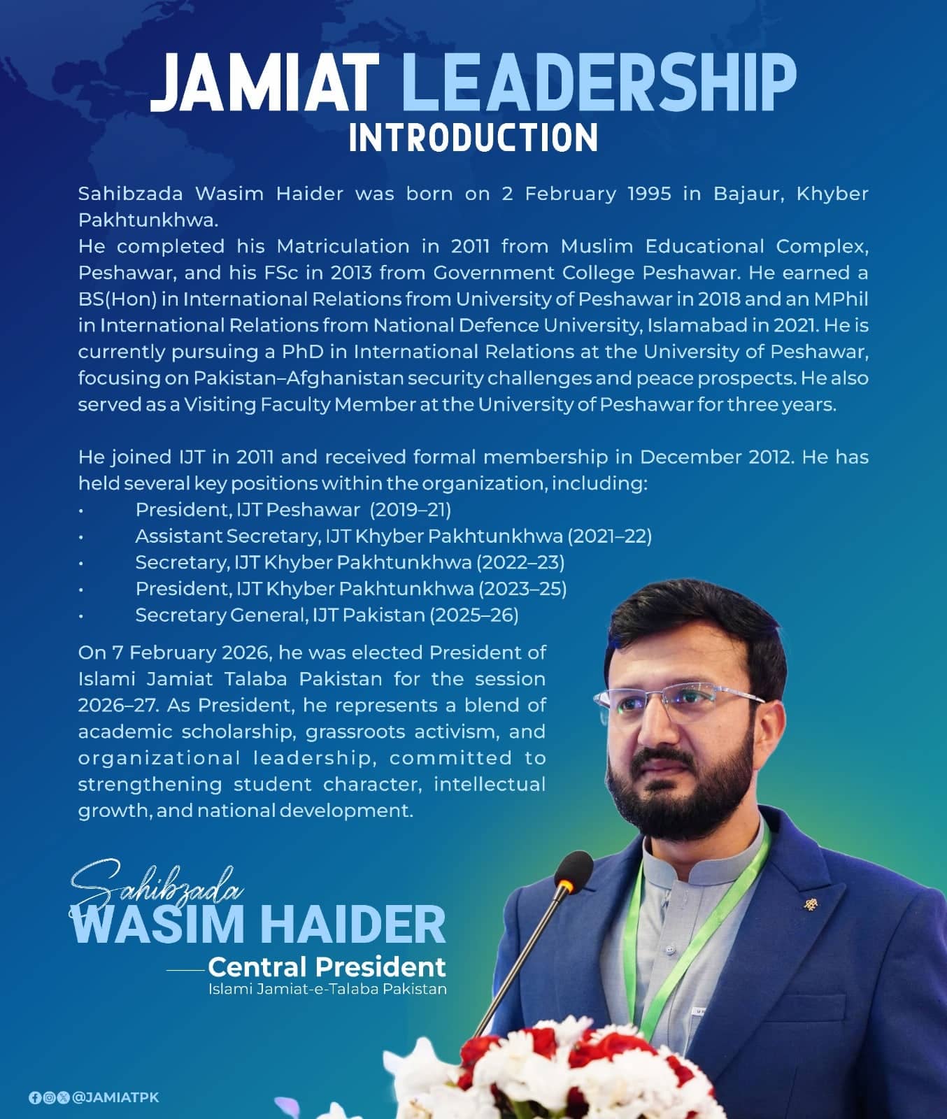 Islami Jamiat-e-Talaba leadership introduction post on blue, with a biography of the Central President beside his photograph at a lectern.